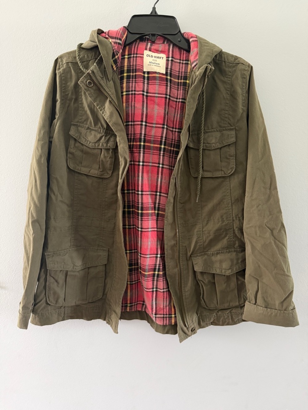 Old Navy women's Olive Green Field Jacket with Red Plaid Lining with hood